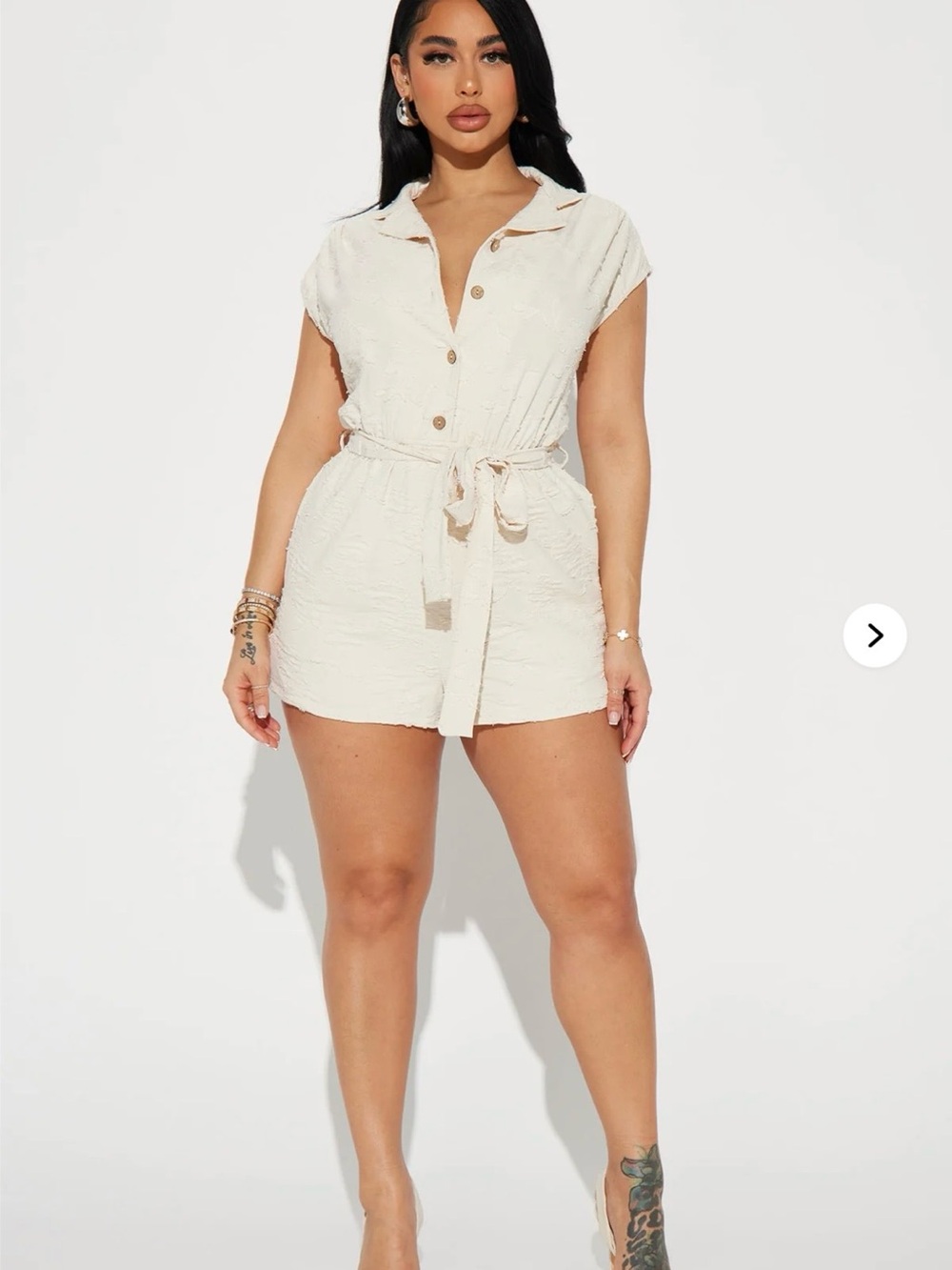 Women’s Cream Textured Tie-Waist Romper